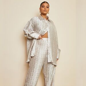 PrettyLittleThing Oatmeal Plisse Oversized Button Up Shirt US 12